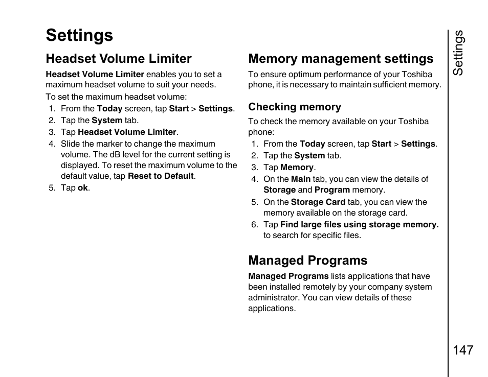 Headset volume limiter, Memory management settings 147, Managed programs | Settings, Settings 147 | Toshiba Portege G810 User Manual | Page 148 / 180