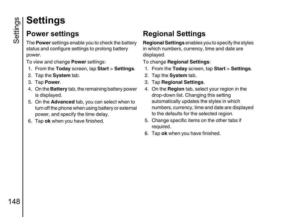 Power, Regional settings 148, Settings | Settings 148, Power settings, Regional settings | Toshiba Portege G810 User Manual | Page 149 / 180