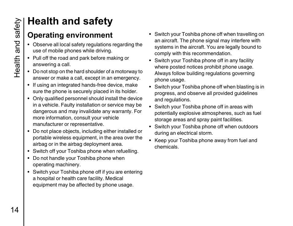 Operating environment 14, Health and safety, Health and safety 14 | Operating environment | Toshiba Portege G810 User Manual | Page 15 / 180