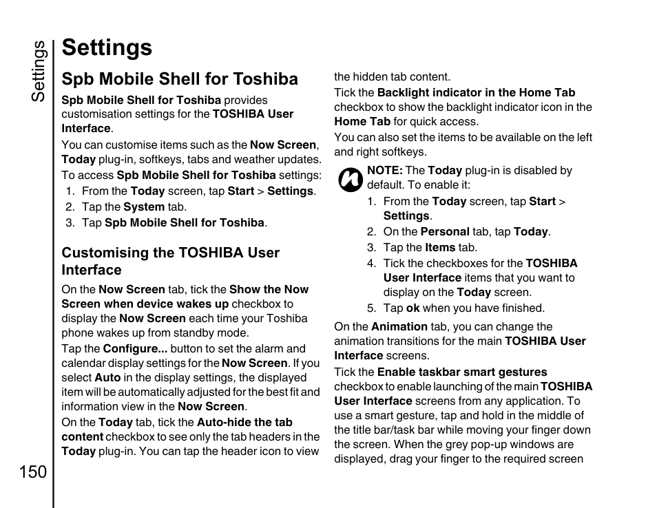 Spb mobile shell for toshiba 150, Settings, Settings 150 | Spb mobile shell for toshiba | Toshiba Portege G810 User Manual | Page 151 / 180
