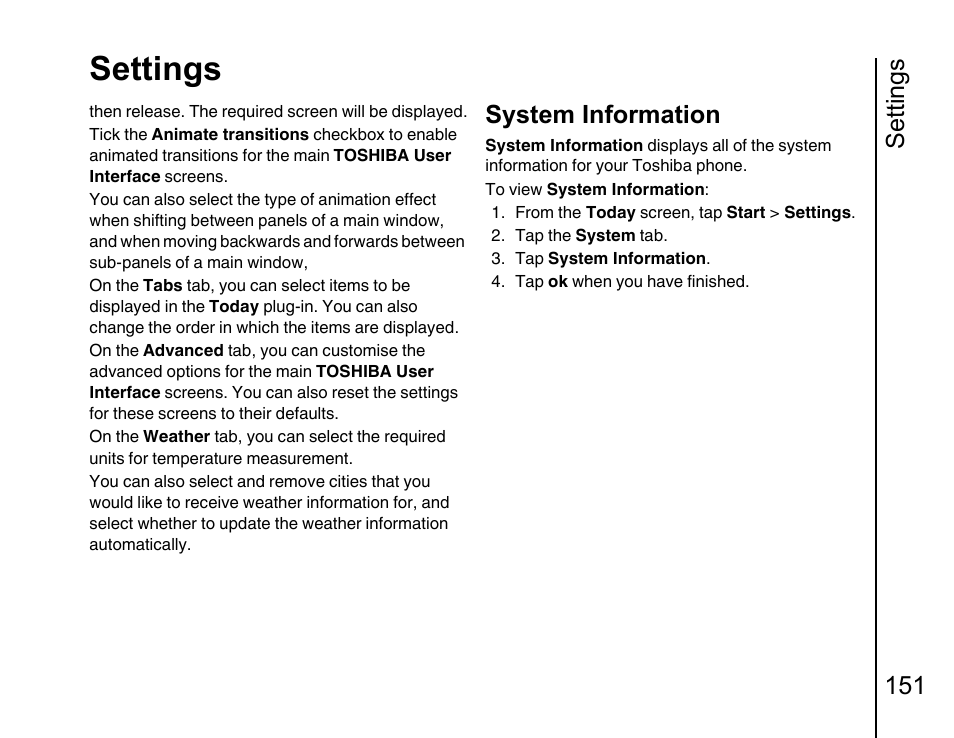 System information 151, Settings, Settings 151 | System information | Toshiba Portege G810 User Manual | Page 152 / 180