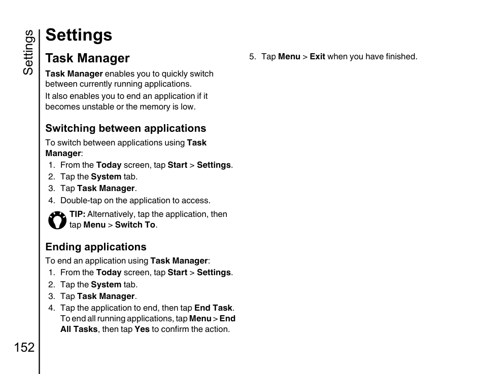Task manager 152, Task, Manager in | Settings, Settings 152, Task manager | Toshiba Portege G810 User Manual | Page 153 / 180
