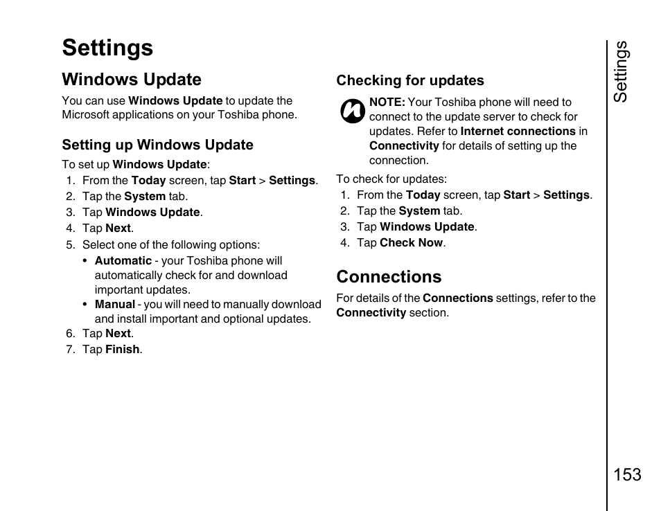 Windows update, Settings, Settings 153 | Connections | Toshiba Portege G810 User Manual | Page 154 / 180