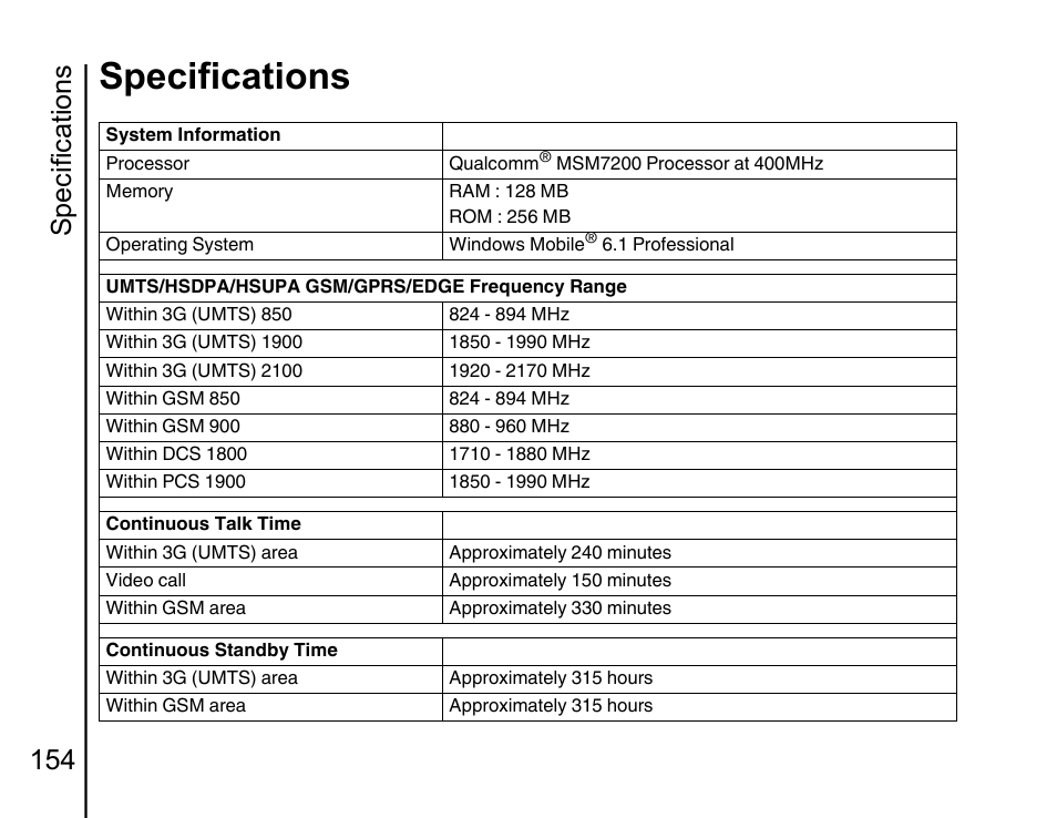 Specifications 154, Specifications | Toshiba Portege G810 User Manual | Page 155 / 180