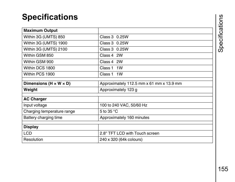 Specifications, Specifications 155 | Toshiba Portege G810 User Manual | Page 156 / 180