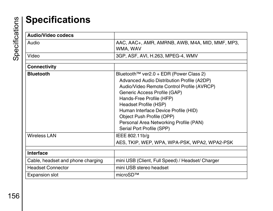 Specifications, Specifications 156 | Toshiba Portege G810 User Manual | Page 157 / 180