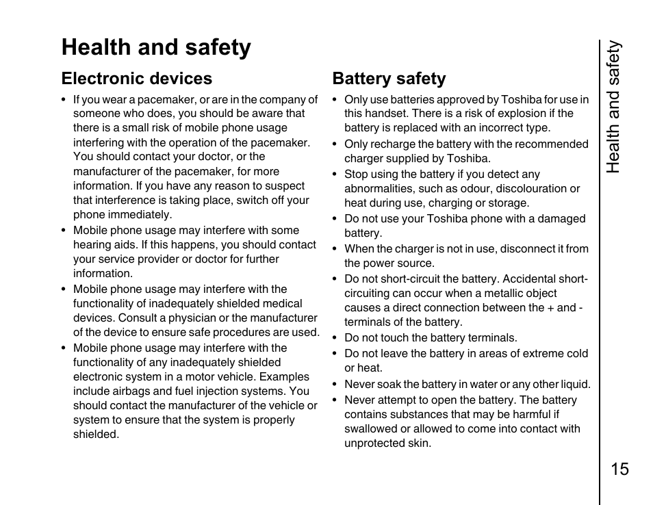 Electronic devices 15, Battery safety 15, Health and safety | Health and safety 15, Electronic devices, Battery safety | Toshiba Portege G810 User Manual | Page 16 / 180