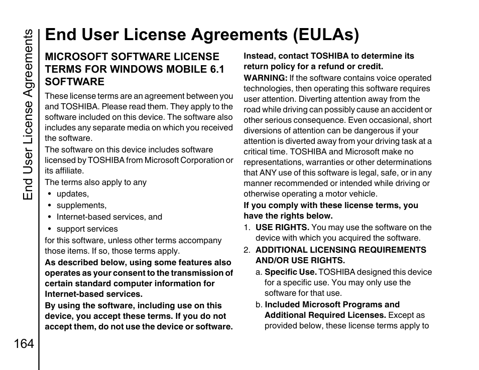 End user license agreements, Eulas) 164, End user license agreements (eulas) | End user license agreements 164 | Toshiba Portege G810 User Manual | Page 165 / 180