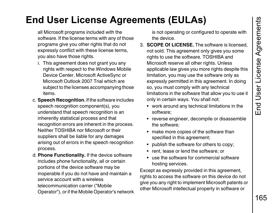 End user license agreements (eulas), End user license agreements 165 | Toshiba Portege G810 User Manual | Page 166 / 180