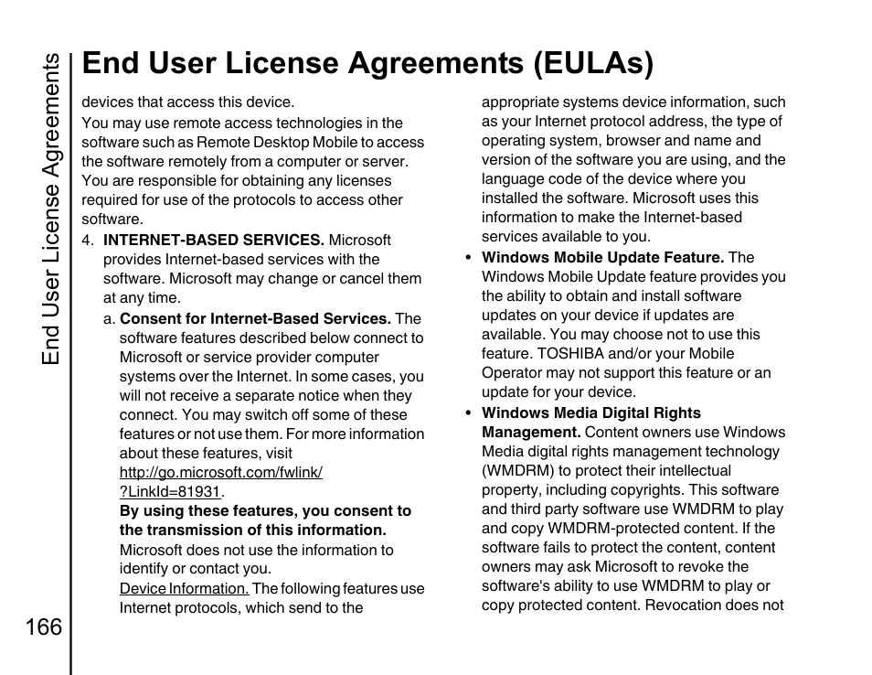 End user license agreements (eulas), End user license agreements 166 | Toshiba Portege G810 User Manual | Page 167 / 180