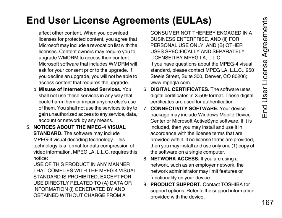 End user license agreements (eulas), End user license agreements 167 | Toshiba Portege G810 User Manual | Page 168 / 180