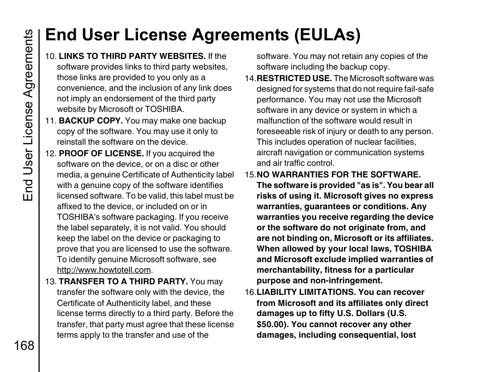 End user license agreements (eulas), End user license agreements 168 | Toshiba Portege G810 User Manual | Page 169 / 180