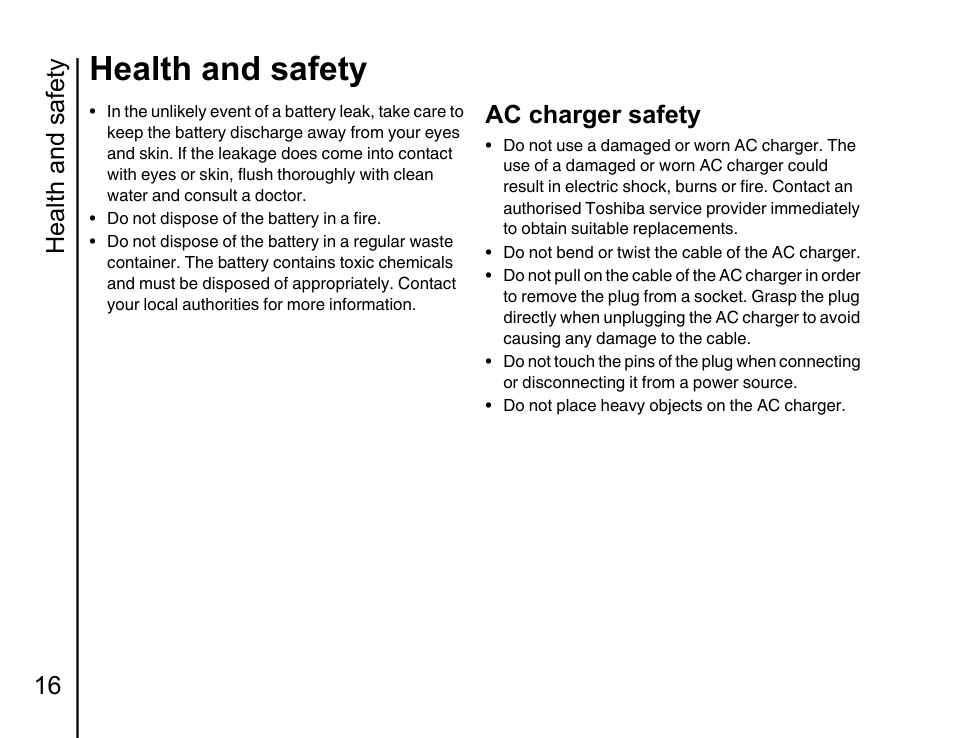 Ac charger safety 16, Health and safety, Health and safety 16 | Ac charger safety | Toshiba Portege G810 User Manual | Page 17 / 180