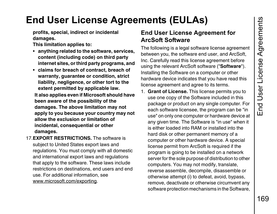 End user license agreements (eulas), End user license agreements 169 | Toshiba Portege G810 User Manual | Page 170 / 180