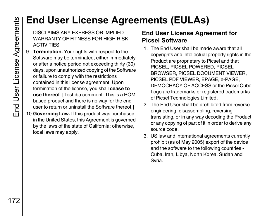 End user license agreements (eulas), End user license agreements 172 | Toshiba Portege G810 User Manual | Page 173 / 180