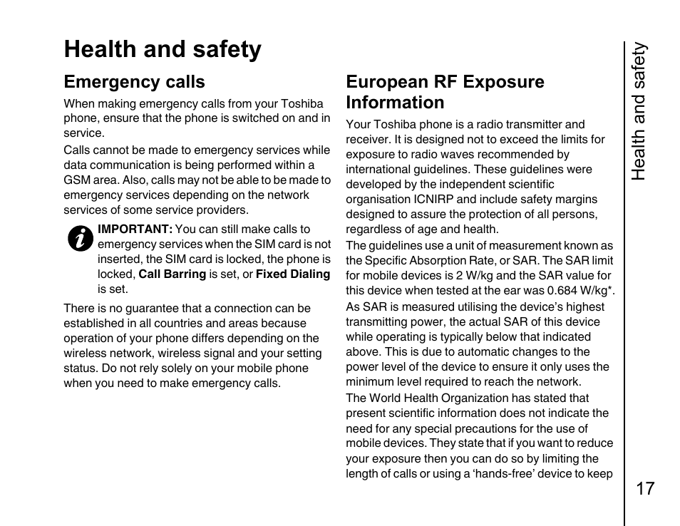 Emergency calls 17, European rf exposure information 17, Health and safety | Health and safety 17, Emergency calls, European rf exposure information | Toshiba Portege G810 User Manual | Page 18 / 180