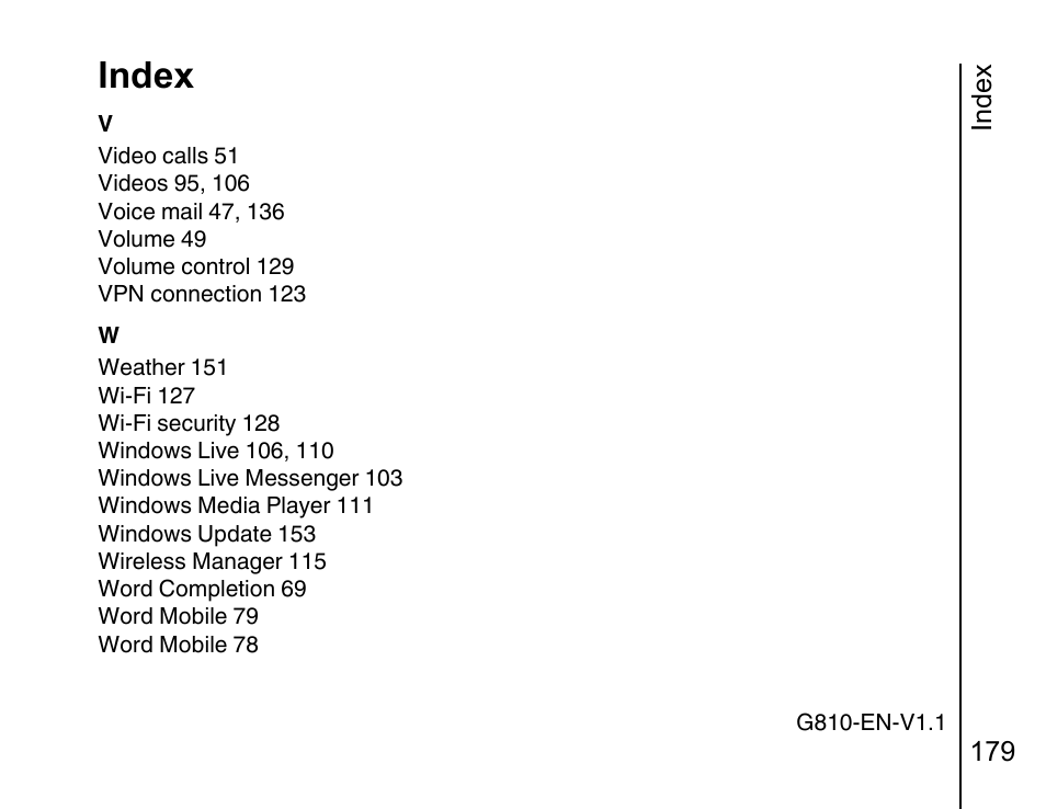 Index, Index 179 | Toshiba Portege G810 User Manual | Page 180 / 180
