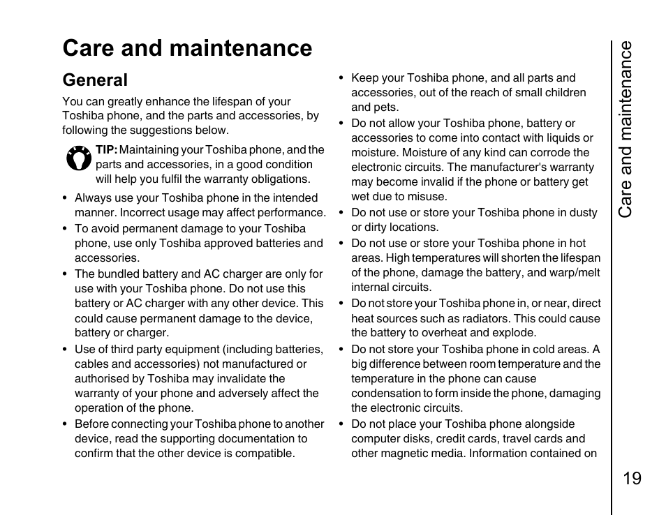 Care and maintenance 19 general 19, Care and maintenance, Care and maintenance 19 | General | Toshiba Portege G810 User Manual | Page 20 / 180