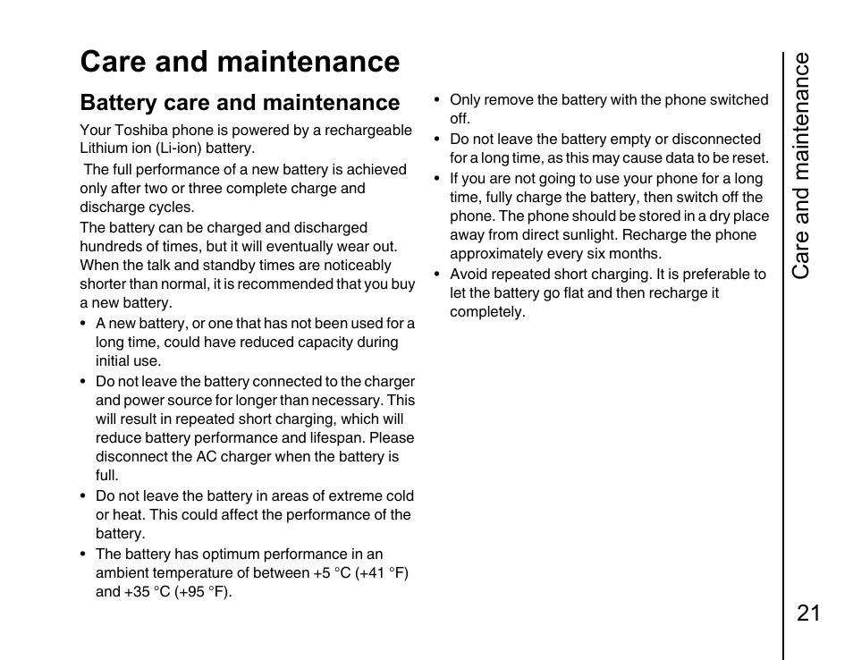 Battery care and maintenance 21, Care and maintenance, Care and maintenance 21 | Battery care and maintenance | Toshiba Portege G810 User Manual | Page 22 / 180