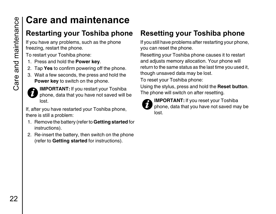 Restarting your toshiba phone 22, Resetting your toshiba phone 22, Care and maintenance | Care and maintenance 22, Restarting your toshiba phone, Resetting your toshiba phone | Toshiba Portege G810 User Manual | Page 23 / 180