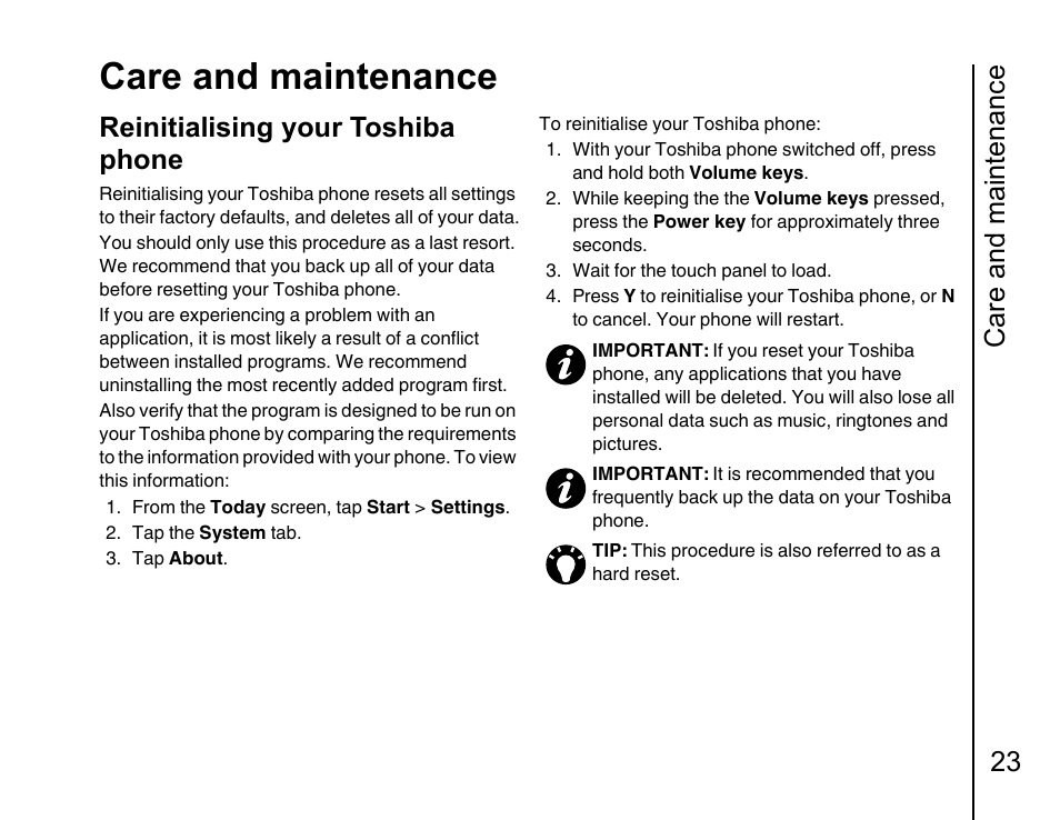 Reinitialising your toshiba phone 23, Care and maintenance, Care and maintenance 23 | Reinitialising your toshiba phone | Toshiba Portege G810 User Manual | Page 24 / 180