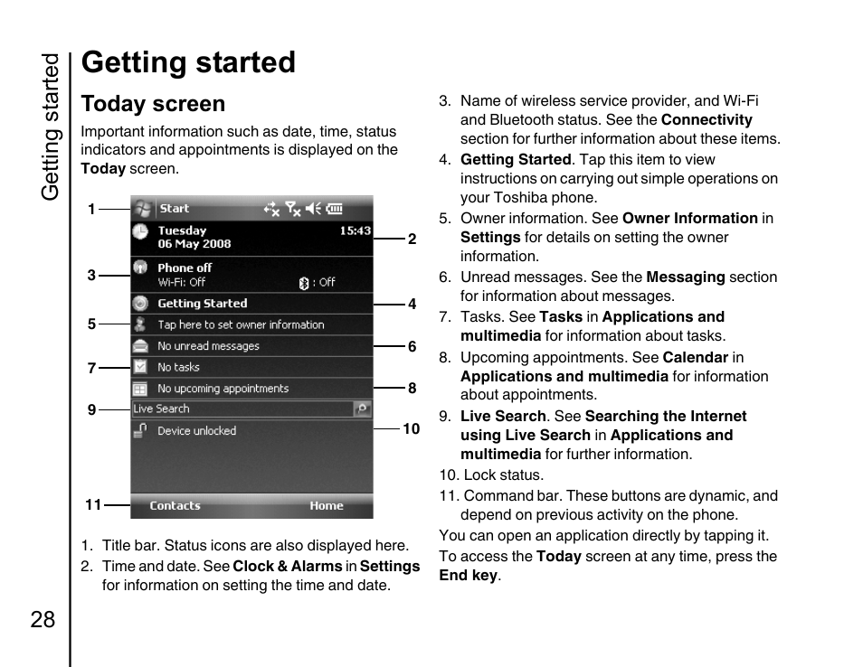 Today screen 28, Getting started, Getting started 28 | Today screen | Toshiba Portege G810 User Manual | Page 29 / 180