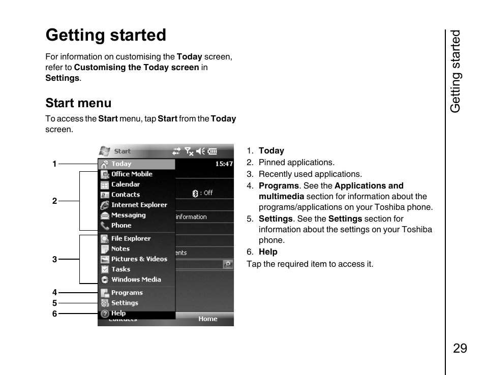 Start me, Getting started, Getting started 29 | Start menu | Toshiba Portege G810 User Manual | Page 30 / 180