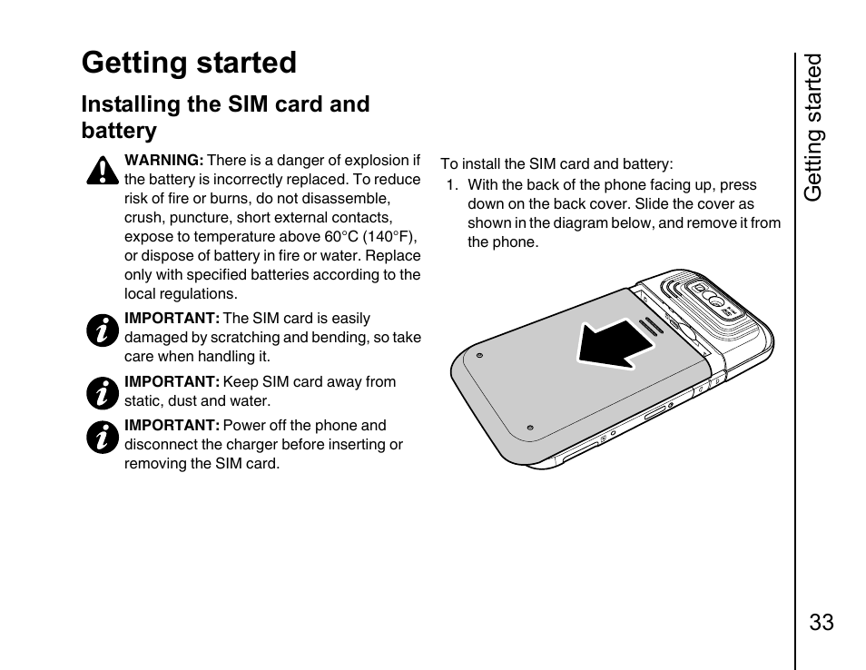 Installing the sim card and battery 33, Getting started, Getting started 33 | Installing the sim card and battery | Toshiba Portege G810 User Manual | Page 34 / 180