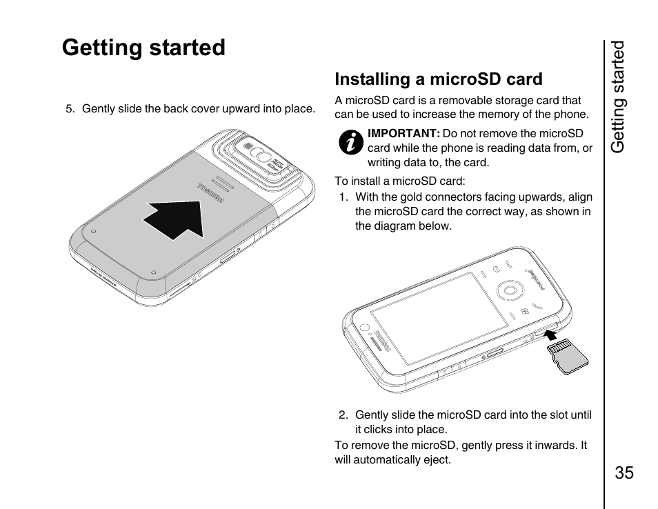 Installing a microsd card 35, Getting started, Getting started 35 | Installing a microsd card | Toshiba Portege G810 User Manual | Page 36 / 180