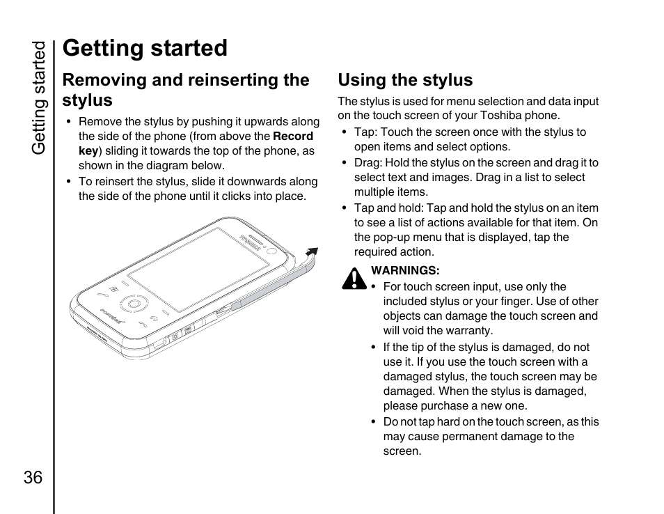 Removing and reinserting the stylus 36, Using the stylus 36, Getting started | Getting started 36, Removing and reinserting the stylus, Using the stylus | Toshiba Portege G810 User Manual | Page 37 / 180