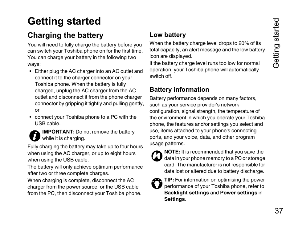 Charging the battery 37, Getting started, Getting started 37 | Charging the battery | Toshiba Portege G810 User Manual | Page 38 / 180