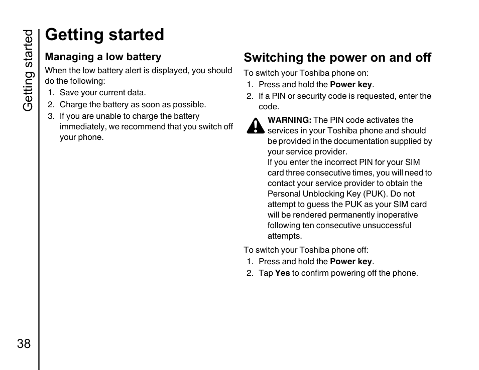 Switching the power on and off 38, Getting started, Getting started 38 | Switching the power on and off | Toshiba Portege G810 User Manual | Page 39 / 180