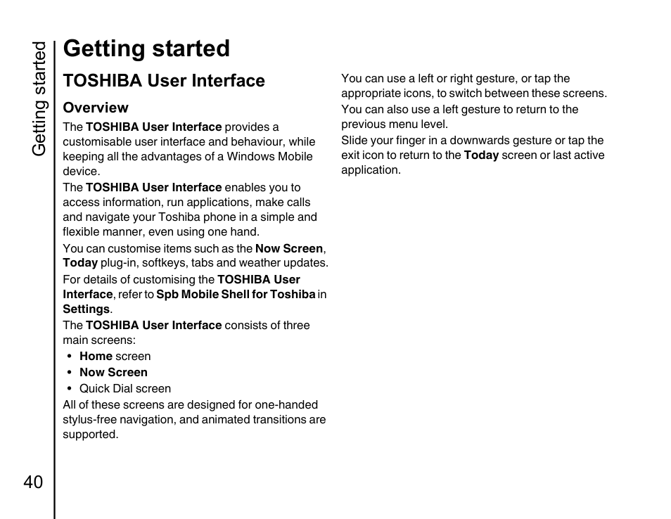 Toshiba user interface 40, Getting started, Getting started 40 | Toshiba user interface | Toshiba Portege G810 User Manual | Page 41 / 180