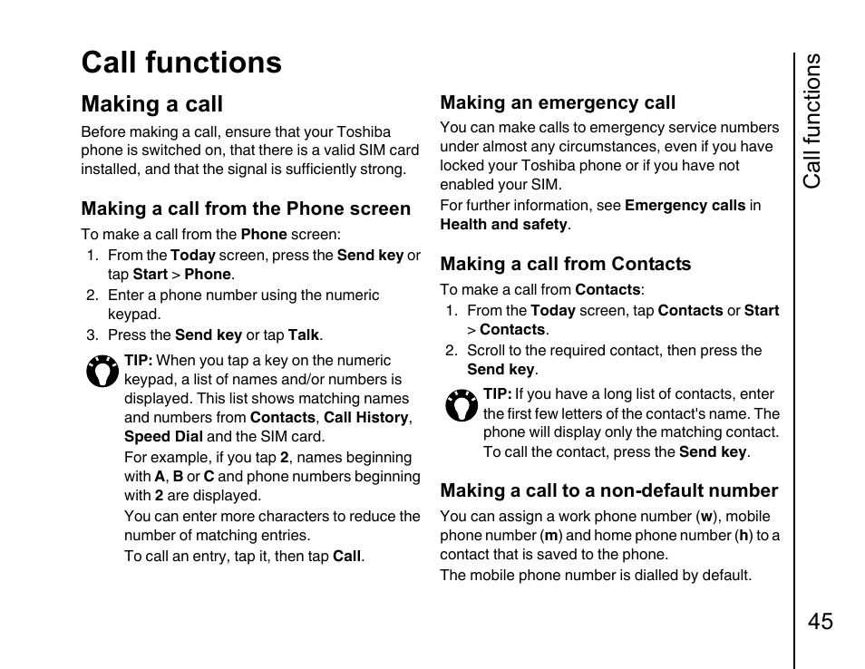 Call functions 45 making a call 45, Call functions, Call functions 45 | Making a call | Toshiba Portege G810 User Manual | Page 46 / 180