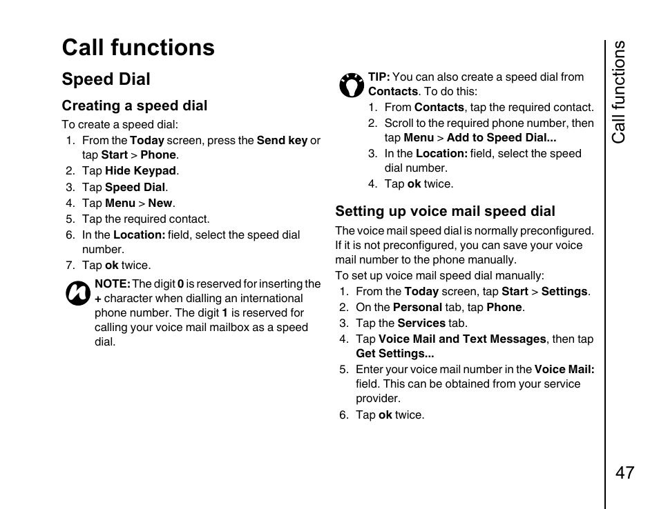 Speed dial, Call functions, Call functions 47 | Toshiba Portege G810 User Manual | Page 48 / 180