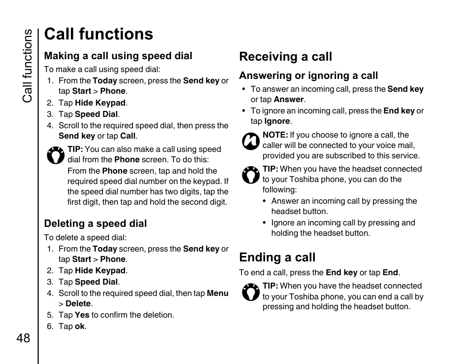 Receiving a call 48, Ending a call 48, Call functions | Call functions 48, Receiving a call, Ending a call | Toshiba Portege G810 User Manual | Page 49 / 180