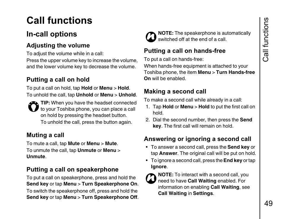 In-call options 49, Call functions, Call functions 49 | In-call options | Toshiba Portege G810 User Manual | Page 50 / 180