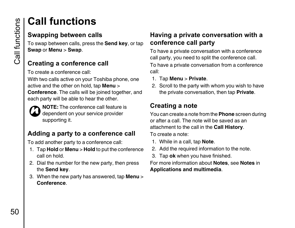Call functions, Call functions 50 | Toshiba Portege G810 User Manual | Page 51 / 180