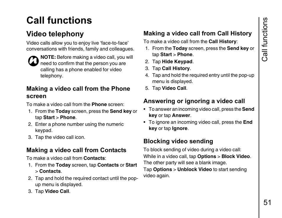 Video telephony 51, Call functions, Call functions 51 | Video telephony | Toshiba Portege G810 User Manual | Page 52 / 180