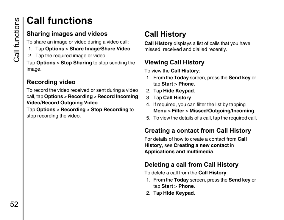 Call history, Call functions, Call functions 52 | Toshiba Portege G810 User Manual | Page 53 / 180
