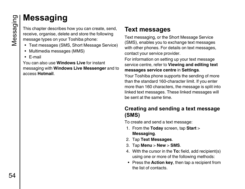 Messaging 54 text messages 54, E messaging, Messaging | Messaging 54, Text messages | Toshiba Portege G810 User Manual | Page 55 / 180