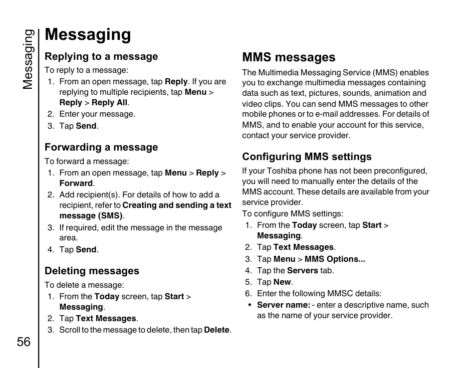 Mms messages 56, Messaging, Messaging 56 | Mms messages | Toshiba Portege G810 User Manual | Page 57 / 180