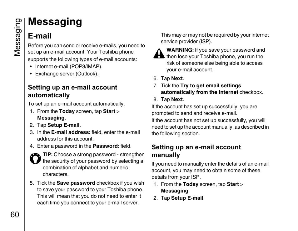 E-mail 60, Messaging, Messaging 60 | E-mail | Toshiba Portege G810 User Manual | Page 61 / 180