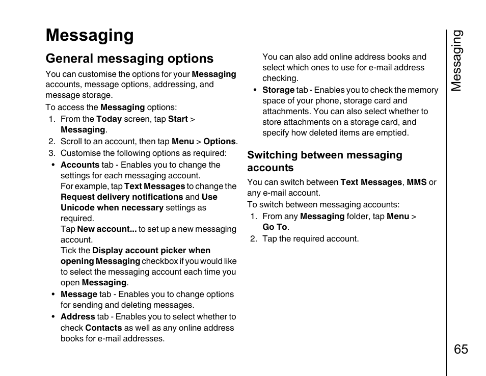General messaging options 65, Messaging, Messaging 65 | General messaging options | Toshiba Portege G810 User Manual | Page 66 / 180