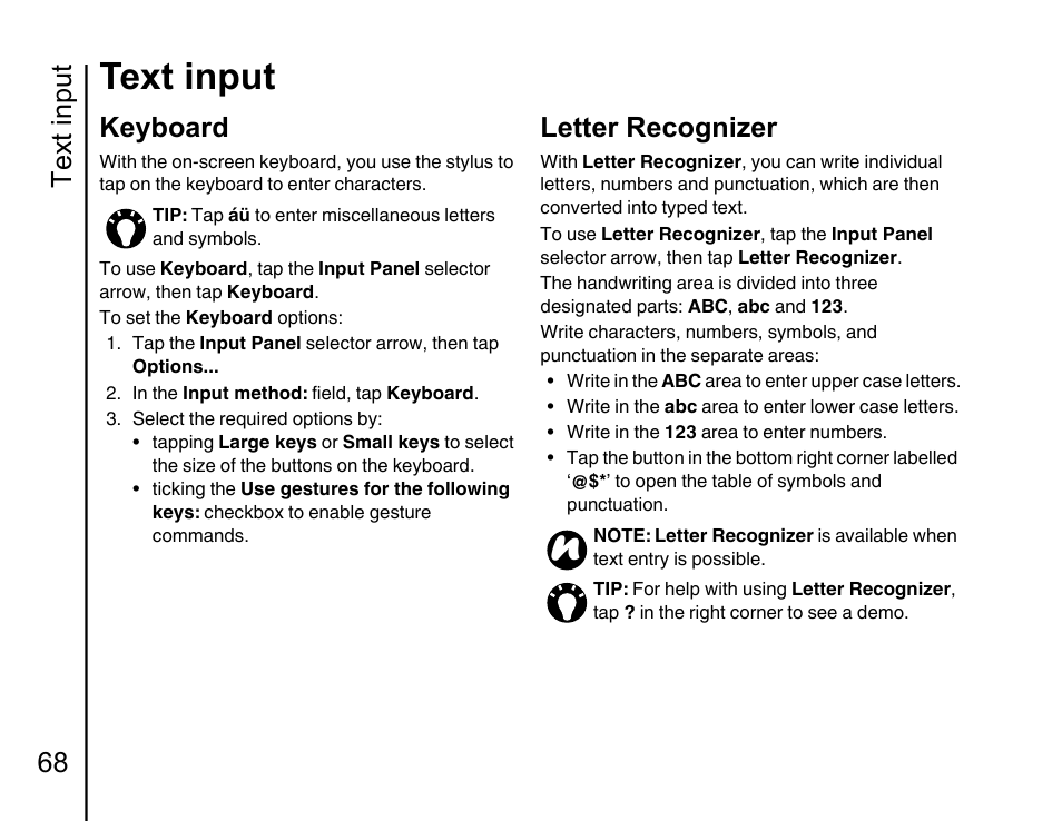 Keyboard 68, Letter recognizer, Text input | Text input 68, Keyboard | Toshiba Portege G810 User Manual | Page 69 / 180