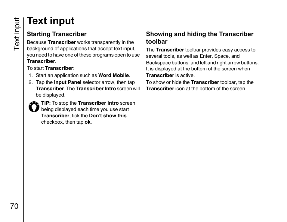 Text input, Text input 70 | Toshiba Portege G810 User Manual | Page 71 / 180