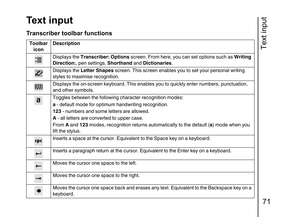 Text input, Text input 71 | Toshiba Portege G810 User Manual | Page 72 / 180