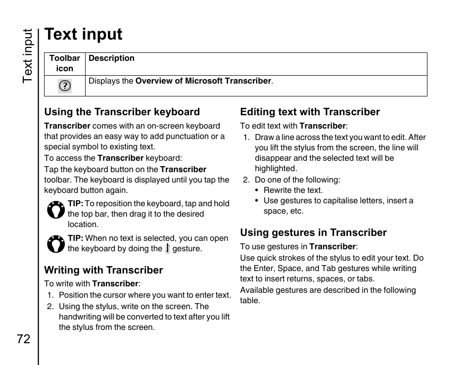 Text input, Text input 72 | Toshiba Portege G810 User Manual | Page 73 / 180