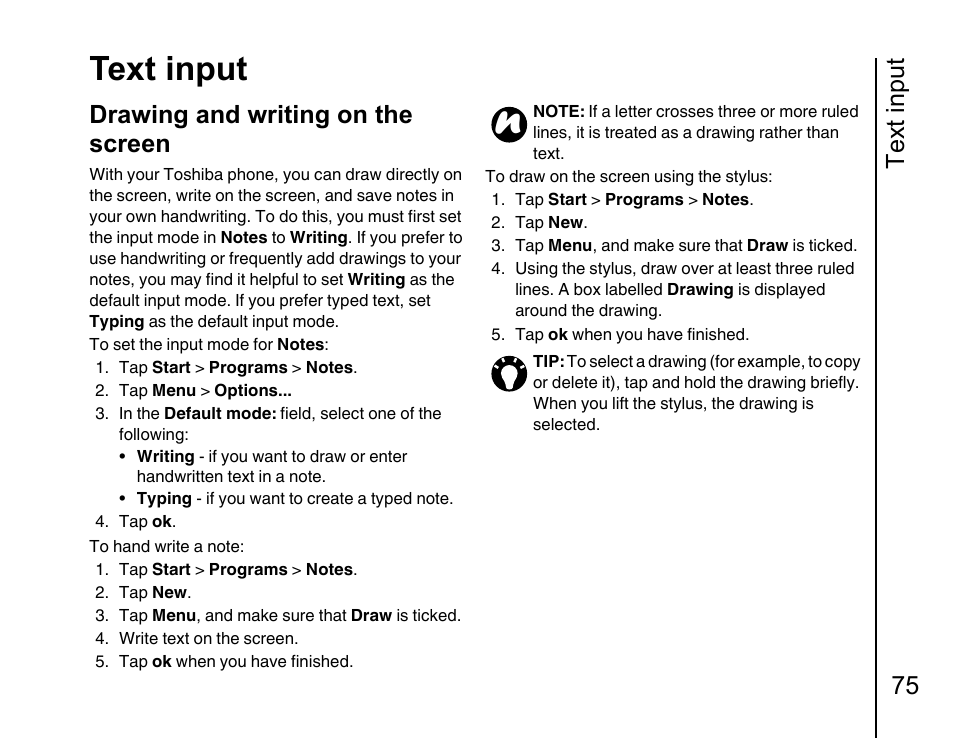 Drawing and writing on the screen 75, Text input, Text input 75 | Drawing and writing on the screen | Toshiba Portege G810 User Manual | Page 76 / 180