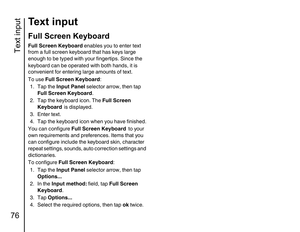 Full screen keyboard 76, Text input, Text input 76 | Full screen keyboard | Toshiba Portege G810 User Manual | Page 77 / 180